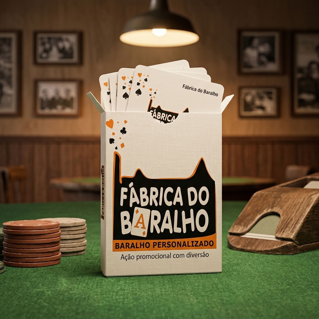 Baralhos personalizados da Fábrica do Baralho sobre mesa de madeira